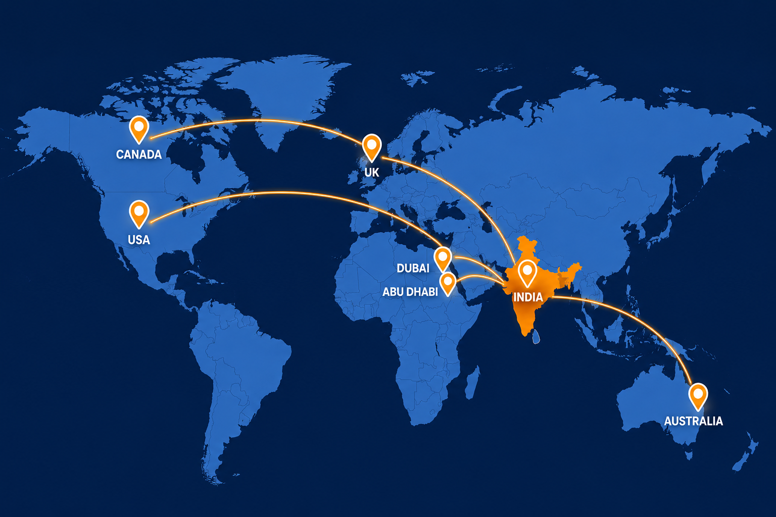 The BA Network — global reach map showing connections from India to United States, United Kingdom, Canada, UAE, Australia, Malaysia, Kenya, South Africa and more